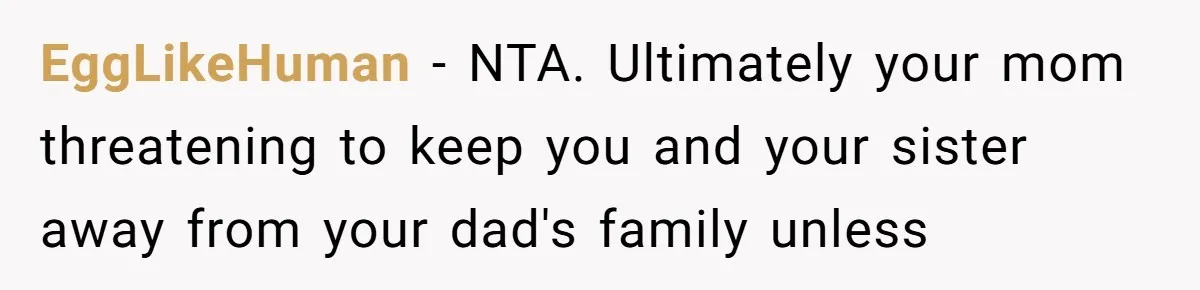EggLikeHuman − NTA. Ultimately your mom threatening to keep you and your sister away from your dad's family unless