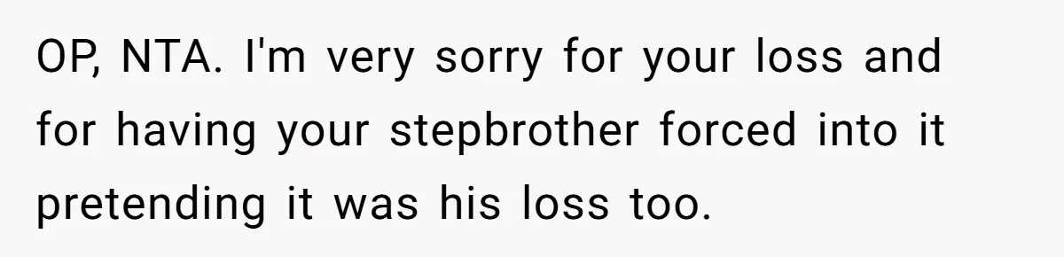 OP, NTA. I'm very sorry for your loss and for having your stepbrother forced into it pretending it was his loss too.