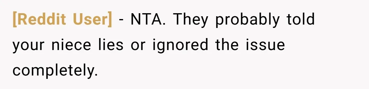 [Reddit User] − NTA. They probably told your niece lies or ignored the issue completely.