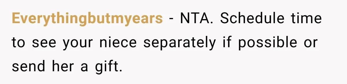 Family Calls This Man “Dangerous” After A Breakdown, Then Blames His Wife For Choosing Him Everythingbutmyears − NTA. Schedule time to see your niece separately if possible or send her a gift.