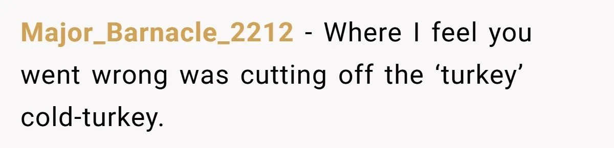 Major_Barnacle_2212 − Where I feel you went wrong was cutting off the ‘turkey’ cold-turkey.