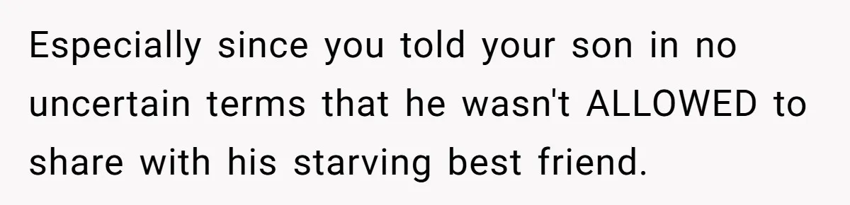 Especially since you told your son in no uncertain terms that he wasn't ALLOWED to share with his starving best friend.