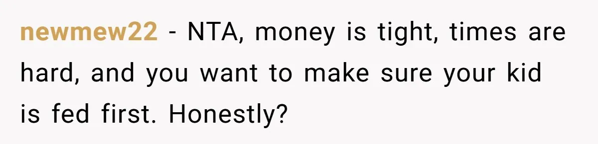 newmew22 − NTA, money is tight, times are hard, and you want to make sure your kid is fed first. Honestly?