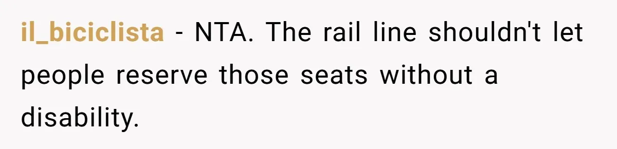 il_biciclista − NTA. The rail line shouldn't let people reserve those seats without a disability.