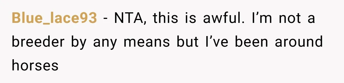 Horse Breeder Sends Little Sister Vet Bill After She Tried To Breed Stallion Without Permission Blue_lace93 − NTA, this is awful. I’m not a breeder by any means but I’ve been around horses