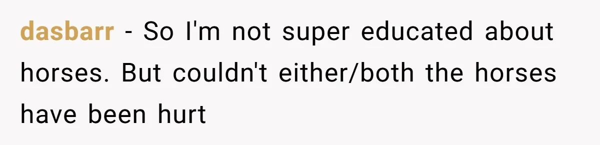 Horse Breeder Sends Little Sister Vet Bill After She Tried To Breed Stallion Without Permission dasbarr − So I'm not super educated about horses. But couldn't either/both the horses have been hurt