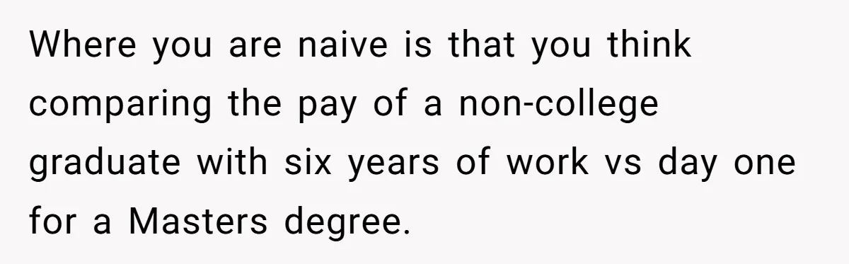 Where you are naive is that you think comparing the pay of a non-college graduate with six years of work vs day one for a Masters degree.
