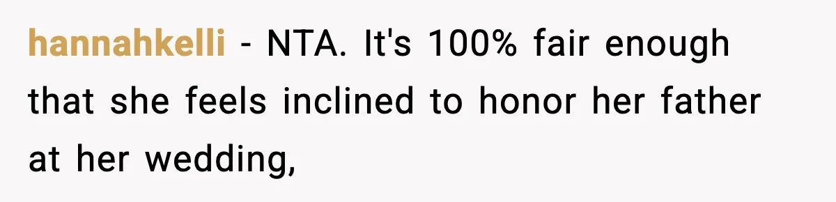 hannahkelli − NTA. It's 100% fair enough that she feels inclined to honor her father at her wedding,