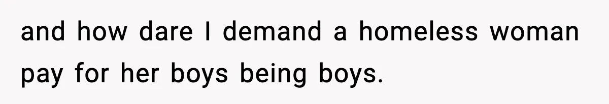 and how dare I demand a homeless woman pay for her boys being boys.