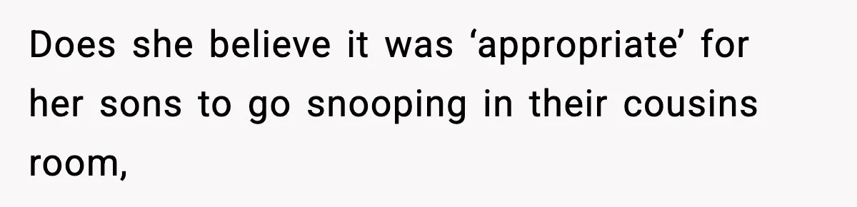 Does she believe it was ‘appropriate’ for her sons to go snooping in their cousins room,