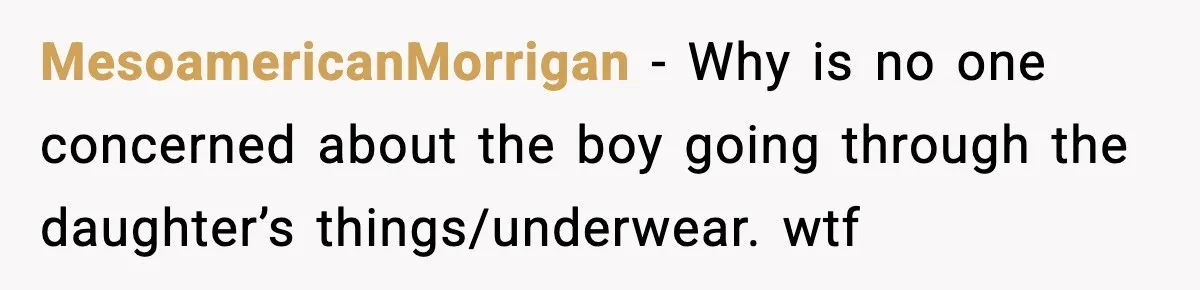 MesoamericanMorrigan − Why is no one concerned about the boy going through the daughter’s things/underwear. wtf