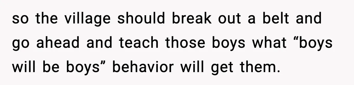 so the village should break out a belt and go ahead and teach those boys what “boys will be boys” behavior will get them.