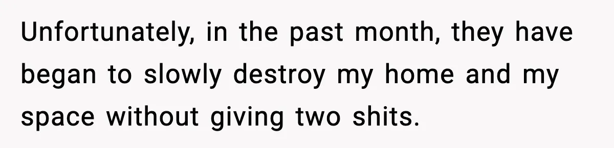 Unfortunately, in the past month, they have began to slowly destroy my home and my space without giving two shits.