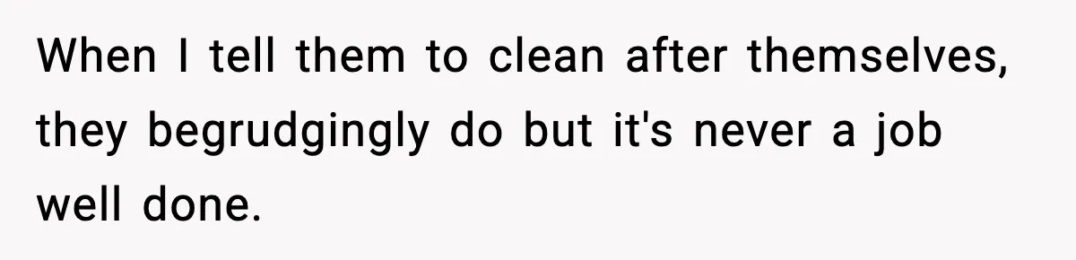 When I tell them to clean after themselves, they begrudgingly do but it's never a job well done.