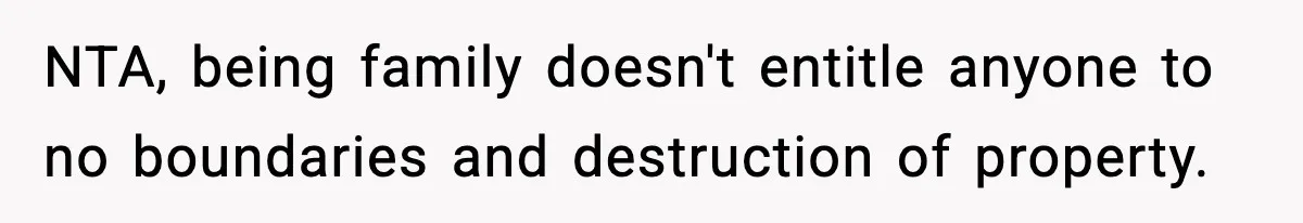 NTA, being family doesn't entitle anyone to no boundaries and destruction of property.
