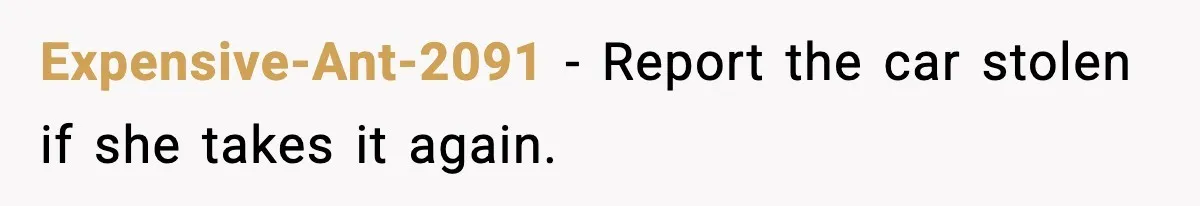 Expensive-Ant-2091 - Report the car stolen if she takes it again.