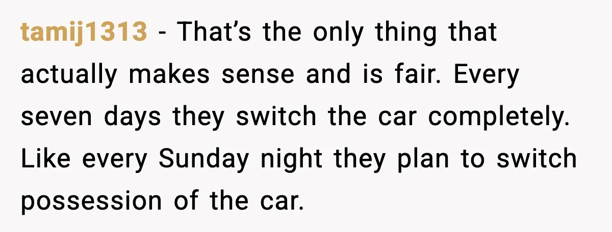 tamij1313 - That’s the only thing that actually makes sense and is fair. Every seven days they switch the car completely. Like every Sunday night they plan to switch possession...