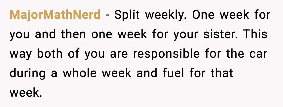 MajorMathNerd - Split weekly. One week for you and then one week for your sister. This way both of you are responsible for the car during a whole week and...