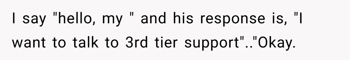 I say "hello, my " and his response is, "I want to talk to 3rd tier support".."Okay.