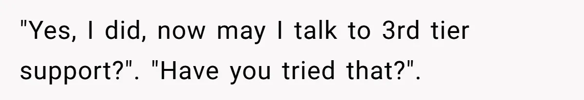 "Yes, I did, now may I talk to 3rd tier support?". "Have you tried that?".