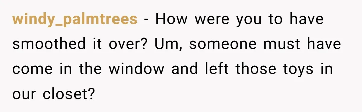 windy_palmtrees − How were you to have smoothed it over? Um, someone must have come in the window and left those toys in our closet?