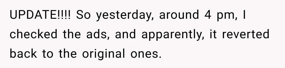 UPDATE!!!! So yesterday, around 4 pm, I checked the ads, and apparently, it reverted back to the original ones.