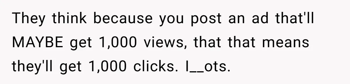 They think because you post an ad that'll MAYBE get 1,000 views, that that means they'll get 1,000 clicks. I__ots.