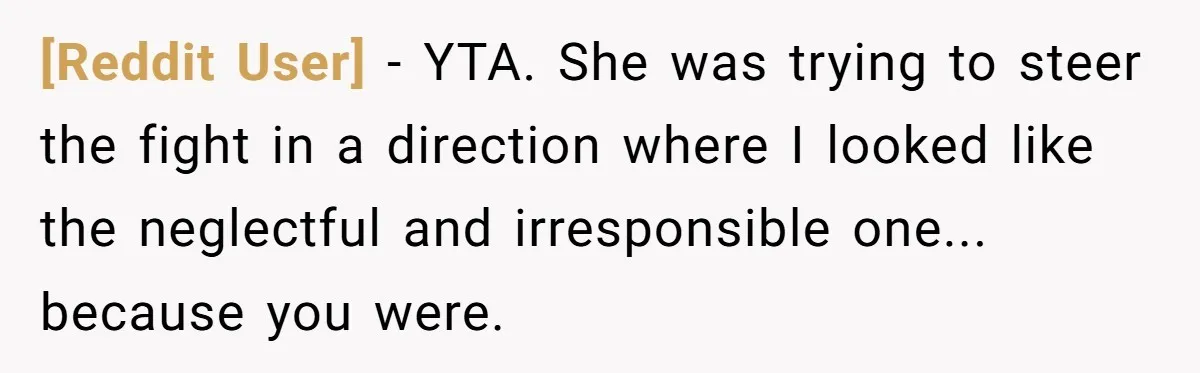 [Reddit User] − YTA. She was trying to steer the fight in a direction where I looked like the neglectful and irresponsible one... because you were.