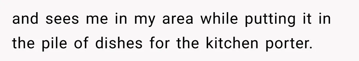 and sees me in my area while putting it in the pile of dishes for the kitchen porter.