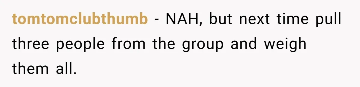 tomtomclubthumb − NAH, but next time pull three people from the group and weigh them all.