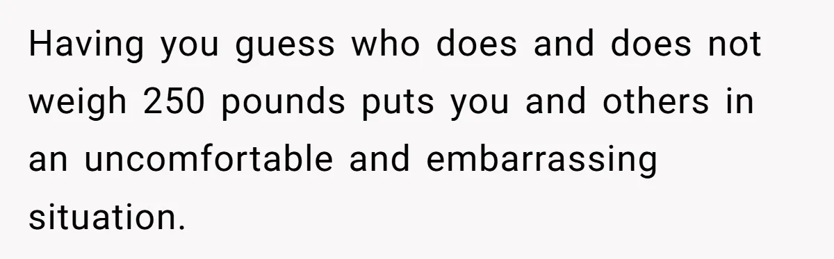 Having you guess who does and does not weigh 250 pounds puts you and others in an uncomfortable and embarrassing situation.