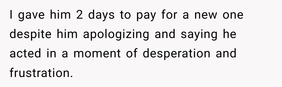 I gave him 2 days to pay for a new one despite him apologizing and saying he acted in a moment of desperation and frustration.
