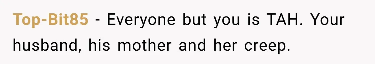 Top-Bit85 − Everyone but you is TAH. Your husband, his mother and her creep.