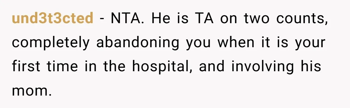 Boyfriend Explodes Over Girlfriend's Innocent Hospital Photo, Then He Tells His Mom It "Triggers Anxiety" und3t3cted − NTA. He is TA on two counts, completely abandoning you when it is your first time in the hospital, and involving his mom.