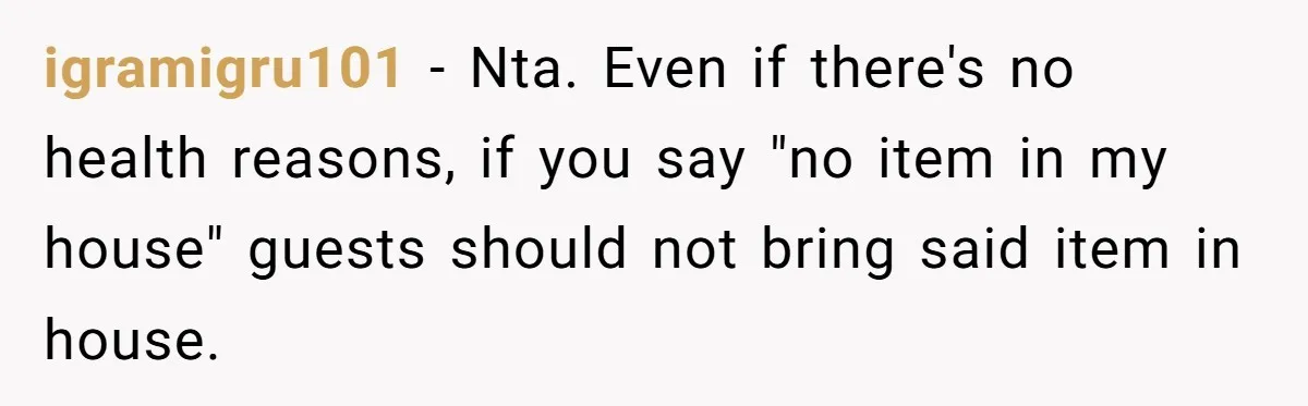 igramigru101 − Nta. Even if there's no health reasons, if you say "no item in my house" guests should not bring said item in house.