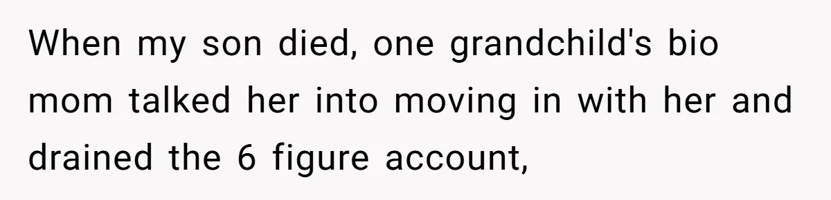 When my son died, one grandchild's bio mom talked her into moving in with her and drained the 6 figure account,