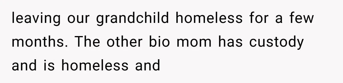 leaving our grandchild homeless for a few months. The other bio mom has custody and is homeless and
