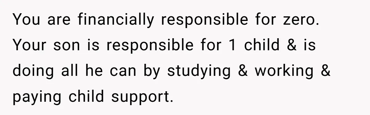 You are financially responsible for zero. Your son is responsible for 1 child & is doing all he can by studying & working & paying child support.