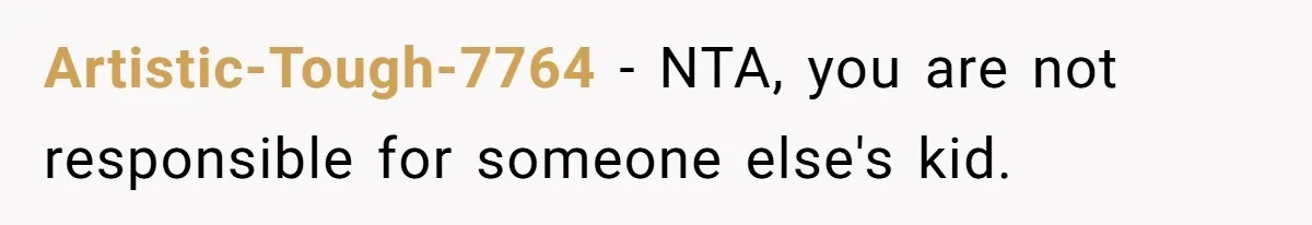 Artistic-Tough-7764 − NTA, you are not responsible for someone else's kid.