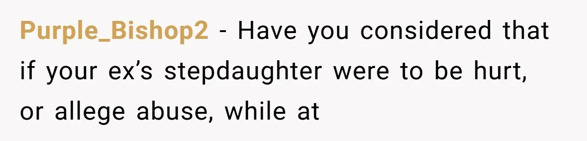 Purple_Bishop2 − Have you considered that if your ex’s stepdaughter were to be hurt, or allege abuse, while at