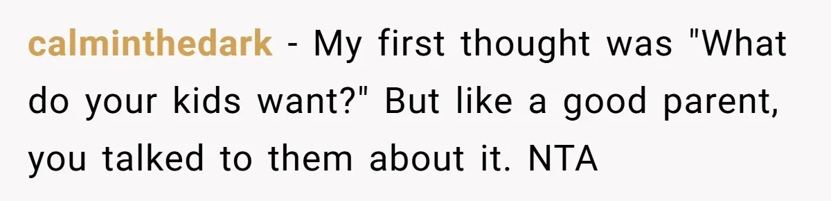 calminthedark − My first thought was "What do your kids want?" But like a good parent, you talked to them about it. NTA
