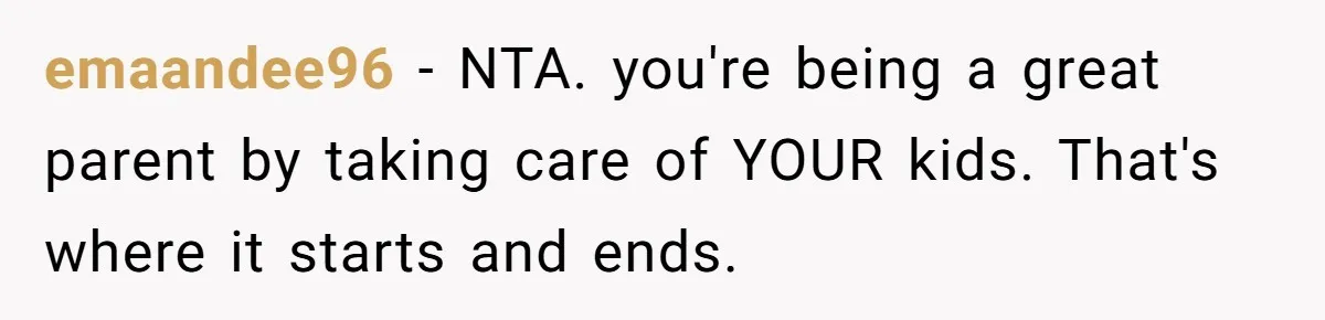 emaandee96 − NTA. you're being a great parent by taking care of YOUR kids. That's where it starts and ends.