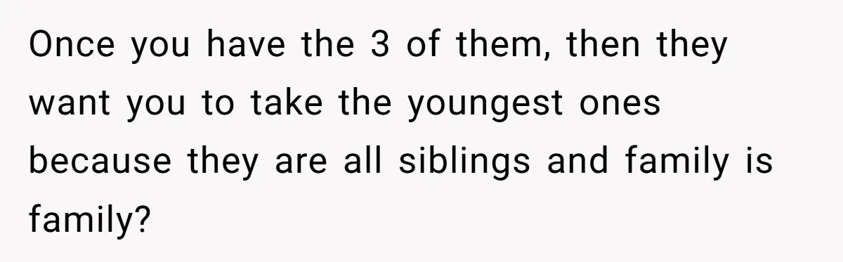 Once you have the 3 of them, then they want you to take the youngest ones because they are all siblings and family is family?