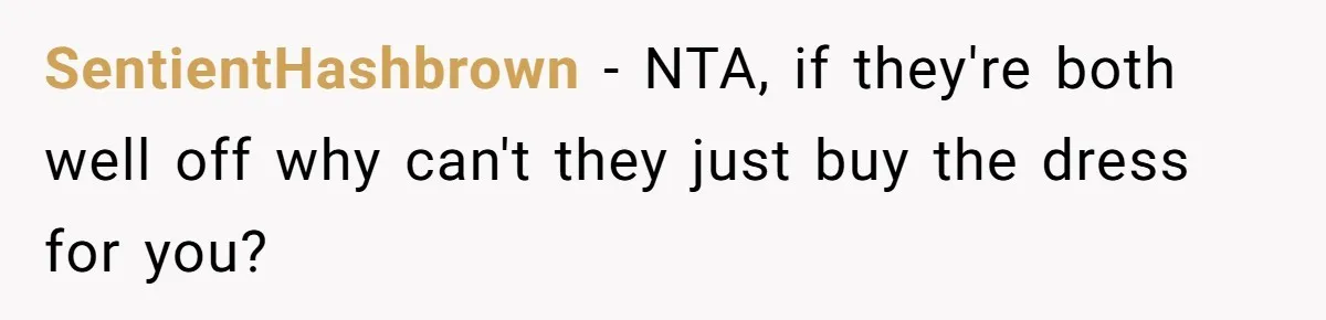 SentientHashbrown − NTA, if they're both well off why can't they just buy the dress for you?