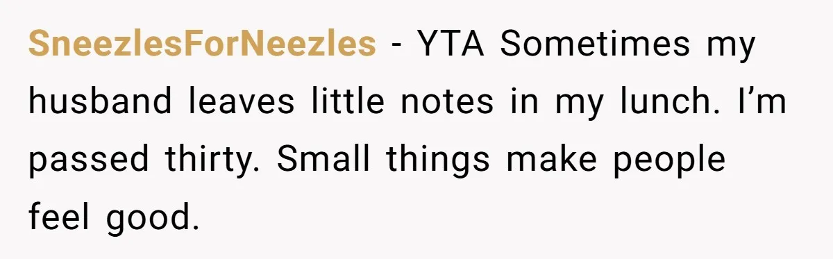 SneezlesForNeezles − YTA Sometimes my husband leaves little notes in my lunch. I’m passed thirty. Small things make people feel good.