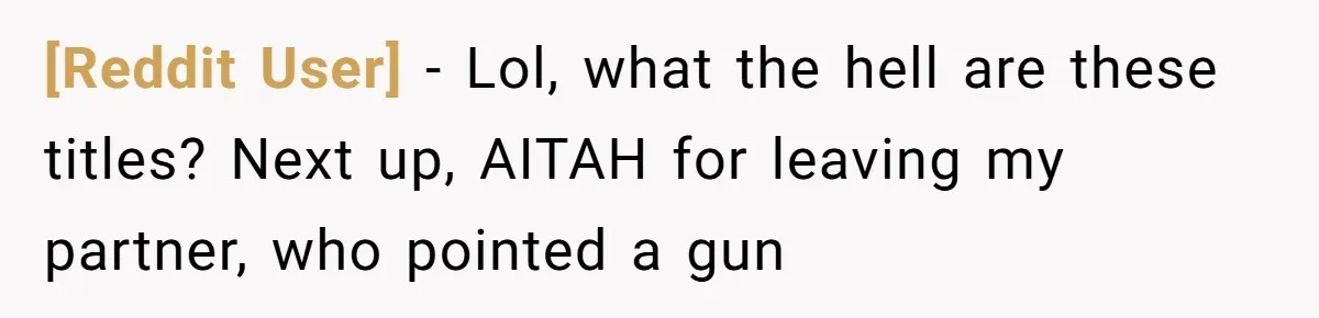 [Reddit User] − Lol, what the hell are these titles? Next up, AITAH for leaving my partner, who pointed a gun