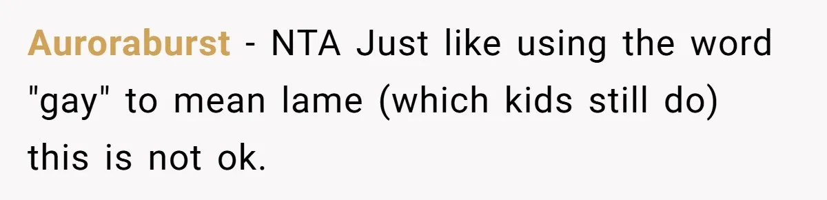 Auroraburst − NTA Just like using the word "gay" to mean lame (which kids still do) this is not ok.