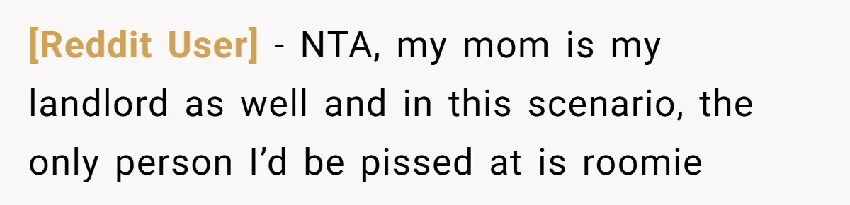 [Reddit User] − NTA, my mom is my landlord as well and in this scenario, the only person I’d be pissed at is roomie