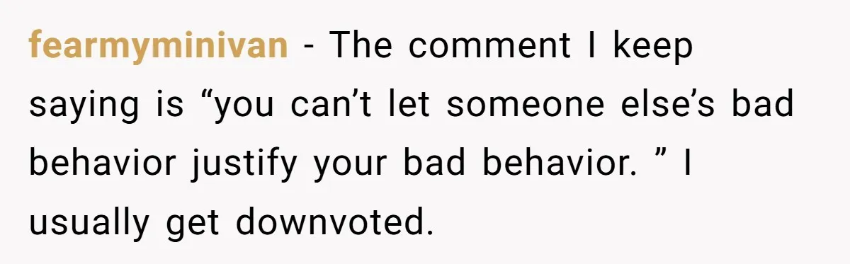 Lurker Tells Reddit Empathy Matters, Now Strangers Call Her “Toxic” For Not Worshipping Revenge fearmyminivan − The comment I keep saying is “you can’t let someone else’s bad behavior justify your bad behavior. ” I usually get downvoted.