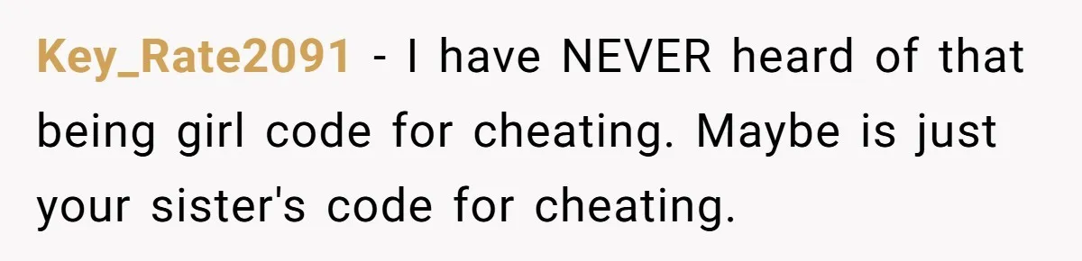 Key_Rate2091 − I have NEVER heard of that being girl code for cheating. Maybe is just your sister's code for cheating.